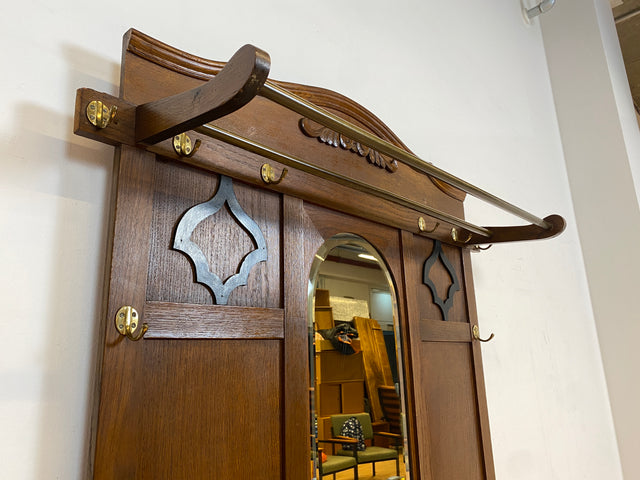 Elegante antike Garderobe aus Eiche mit Spiegel, Hutablage, und 2 Schirmständern und Ablage I Flurgarderobe Garderobenwand Wandgarderobe Kleiderhaken Jugendstil Vintage I