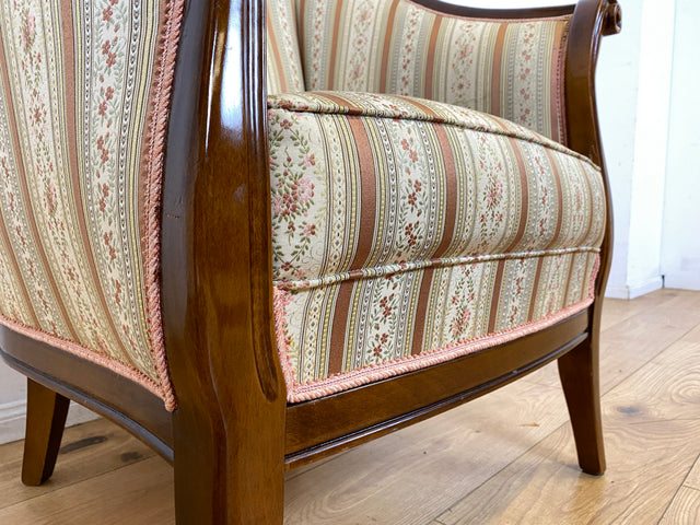 I Elegante und sehr gut erhaltene antike Sitzgarnitur aus Sofa und 2 Sessel mit Federkern und hochwertigem gestreiftem Stoffbezug I Sitzgruppe Couch Couchgarnitur Zweisitzer Vintage Biedermeier I