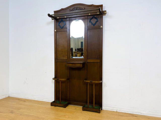 Elegante antike Garderobe aus Eiche mit Spiegel, Hutablage, und 2 Schirmständern und Ablage I Flurgarderobe Garderobenwand Wandgarderobe Kleiderhaken Jugendstil Vintage I