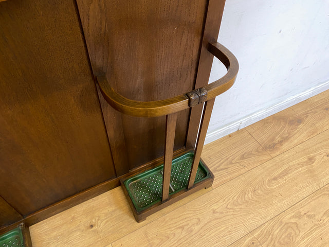 Elegante antike Garderobe aus Eiche mit Spiegel, Hutablage, und 2 Schirmständern und Ablage I Flurgarderobe Garderobenwand Wandgarderobe Kleiderhaken Jugendstil Vintage I