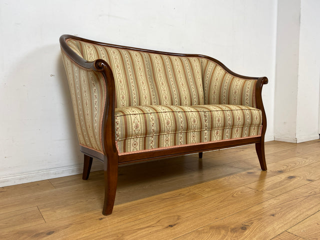 I Elegante und sehr gut erhaltene antike Sitzgarnitur aus Sofa und 2 Sessel mit Federkern und hochwertigem gestreiftem Stoffbezug I Sitzgruppe Couch Couchgarnitur Zweisitzer Vintage Biedermeier I