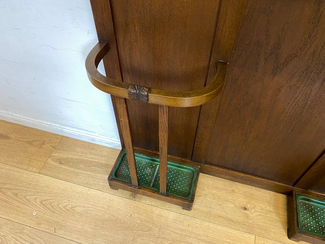 Elegante antike Garderobe aus Eiche mit Spiegel, Hutablage, und 2 Schirmständern und Ablage I Flurgarderobe Garderobenwand Wandgarderobe Kleiderhaken Jugendstil Vintage I