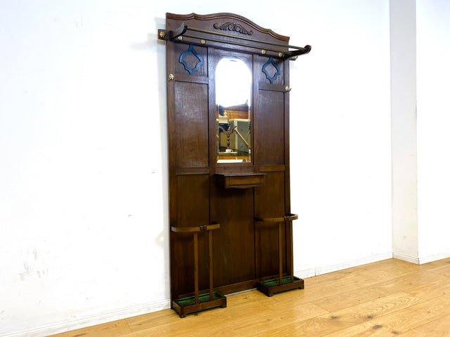 Elegante antike Garderobe aus Eiche mit Spiegel, Hutablage, und 2 Schirmständern und Ablage I Flurgarderobe Garderobenwand Wandgarderobe Kleiderhaken Jugendstil Vintage I