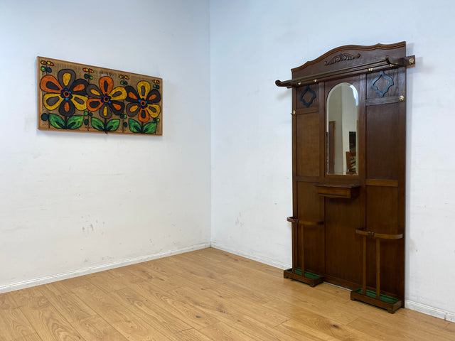 Elegante antike Garderobe aus Eiche mit Spiegel, Hutablage, und 2 Schirmständern und Ablage I Flurgarderobe Garderobenwand Wandgarderobe Kleiderhaken Jugendstil Vintage I