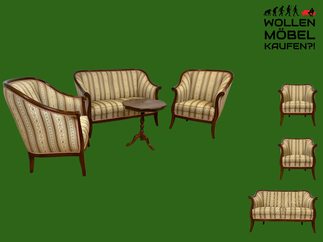 I Elegante und sehr gut erhaltene antike Sitzgarnitur aus Sofa und 2 Sessel mit Federkern und hochwertigem gestreiftem Stoffbezug I Sitzgruppe Couch Couchgarnitur Zweisitzer Vintage Biedermeier I