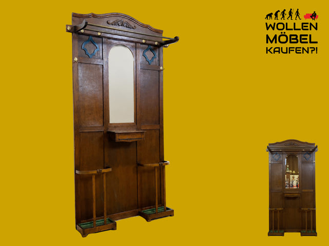 Elegante antike Garderobe aus Eiche mit Spiegel, Hutablage, und 2 Schirmständern und Ablage I Flurgarderobe Garderobenwand Wandgarderobe Kleiderhaken Jugendstil Vintage I