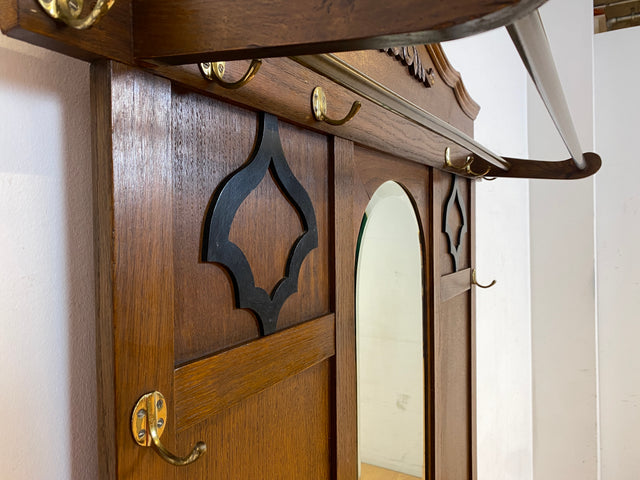 Elegante antike Garderobe aus Eiche mit Spiegel, Hutablage, und 2 Schirmständern und Ablage I Flurgarderobe Garderobenwand Wandgarderobe Kleiderhaken Jugendstil Vintage I