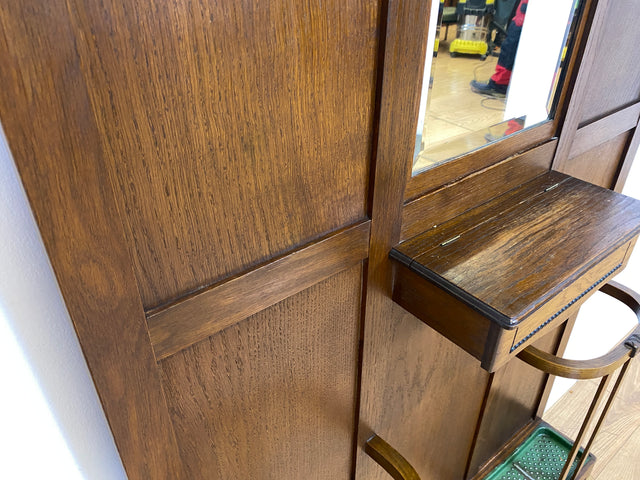 Elegante antike Garderobe aus Eiche mit Spiegel, Hutablage, und 2 Schirmständern und Ablage I Flurgarderobe Garderobenwand Wandgarderobe Kleiderhaken Jugendstil Vintage I