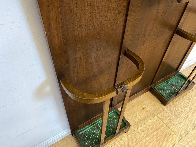 Elegante antike Garderobe aus Eiche mit Spiegel, Hutablage, und 2 Schirmständern und Ablage I Flurgarderobe Garderobenwand Wandgarderobe Kleiderhaken Jugendstil Vintage I