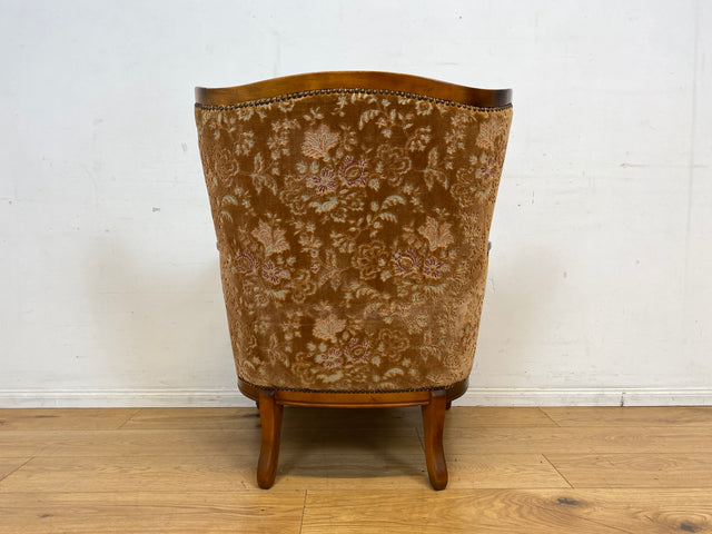 Wunderschöner Chippendale Sessel mit handverziertem Holzrahmen, samtartigem Altrosa Brokat Bezug & Federkern I Lesesessel Ohrensessel Sitzgarnitur Barock Vintage Stilmöbel I