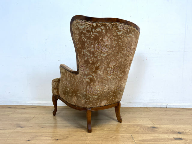 Wunderschöner Chippendale Sessel mit handverziertem Holzrahmen, samtartigem Altrosa Brokat Bezug & Federkern I Lesesessel Ohrensessel Sitzgarnitur Barock Vintage Stilmöbel I
