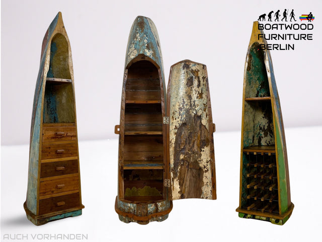 Boatwood by WMK # Besonderes Weinregal aus echtem Einbaum I ein handgefertigtes Unikat in Originalfarben I Regal Holzregal Flaschenregal Eck Bar Schrank Haus Fischer Wein Rack Boot Schiff Rostock Slyt