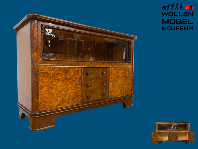 Wunderschöne 30er Jahre Art Deco Kommode I Massivholz in edlem Wurzelholz I mit Vitrine & Schubladen I Sideboard Schrank Barschrank Barkommode Wäschekommode Vintage Antik I