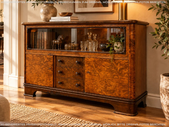 Wunderschöne 30er Jahre Art Deco Kommode I Massivholz in edlem Wurzelholz I mit Vitrine & Schubladen I Sideboard Schrank Barschrank Barkommode Wäschekommode Vintage Antik I