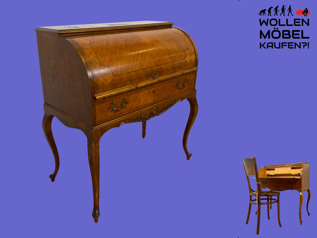 Eleganter 60er Jahre Massivholz Sekretär in antikem Stil mit ausziehbarer Schreibplatte und edlen Messingbeschlägen I Schreibsekretär Zylindersekretär Schreibschrank Schreibtisch Barock Vintage I