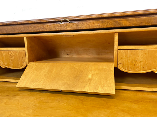 Eleganter 60er Jahre Massivholz Sekretär in antikem Stil mit ausziehbarer Schreibplatte und edlen Messingbeschlägen I Schreibsekretär Zylindersekretär Schreibschrank Schreibtisch Barock Vintage I
