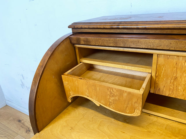 Eleganter 60er Jahre Massivholz Sekretär in antikem Stil mit ausziehbarer Schreibplatte und edlen Messingbeschlägen I Schreibsekretär Zylindersekretär Schreibschrank Schreibtisch Barock Vintage I