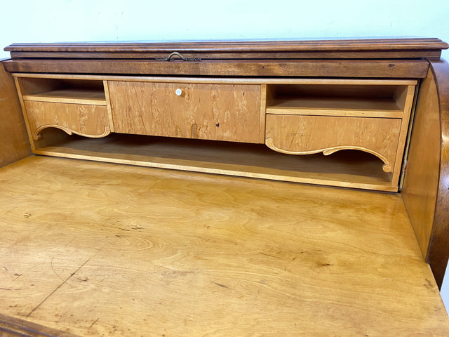 Eleganter 60er Jahre Massivholz Sekretär in antikem Stil mit ausziehbarer Schreibplatte und edlen Messingbeschlägen I Schreibsekretär Zylindersekretär Schreibschrank Schreibtisch Barock Vintage I