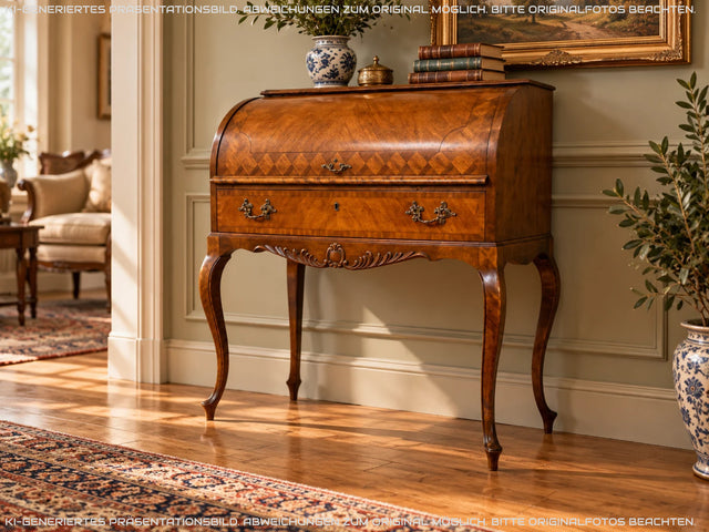 Eleganter 60er Jahre Massivholz Sekretär in antikem Stil mit ausziehbarer Schreibplatte und edlen Messingbeschlägen I Schreibsekretär Zylindersekretär Schreibschrank Schreibtisch Barock Vintage I