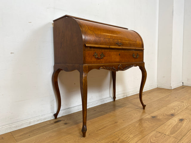 Eleganter 60er Jahre Massivholz Sekretär in antikem Stil mit ausziehbarer Schreibplatte und edlen Messingbeschlägen I Schreibsekretär Zylindersekretär Schreibschrank Schreibtisch Barock Vintage I