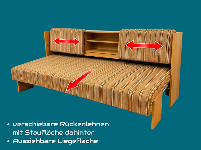 Formschlichte und ausgeklügelte 70er Jahre Liege in Originalbezug mit ausziehbarer Liegefläche, Rücklehnen als Schiebetüren und Regalen I Sofa Couch Daybed Bett Retro Vintage I