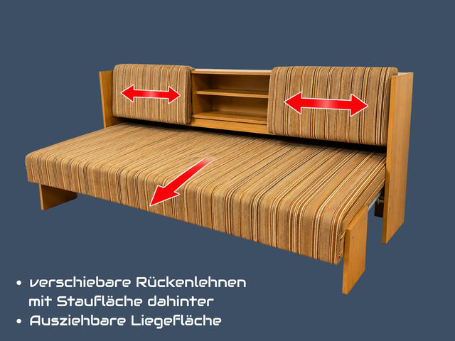 Interessante und gut erhaltene 70er Jahre Liege in Originalbezug mit ausziehbarer Liegefläche, Rücklehnen als Schiebetüren und Regalen I Sofa Couch Daybed Bett Retro Vintage I