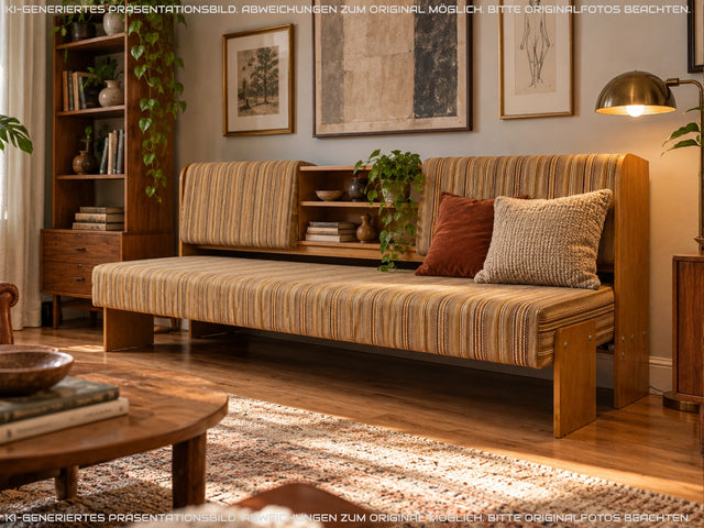 Interessante und gut erhaltene 70er Jahre Liege in Originalbezug mit ausziehbarer Liegefläche, Rücklehnen als Schiebetüren und Regalen I Sofa Couch Daybed Bett Retro Vintage I