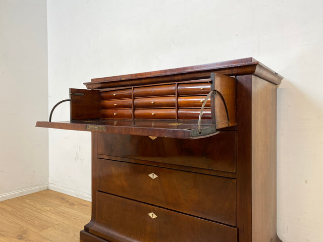 Hochwertige antike Massivholz Schreibkommode in Nussbaum mit aufklappbarer Schublade I Sekretär Schreibschrank Schubladenkommode Wäschekommode Schreibtisch Biedermeier Vintage I