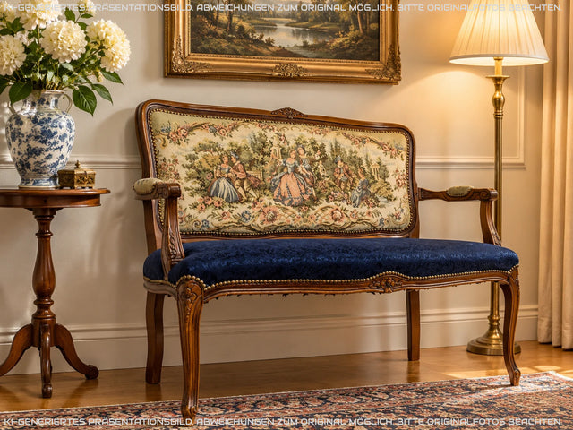 Sehr elegantes kleines 60er Jahre Sofa im antikem Stil mit Gobelin Bezug und handverziertem Holz Rahmen I Sitzbank Couch Bank Küchenbank Salonmöbel Stilmöbel Vintage I