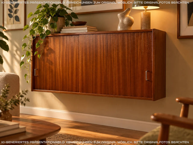 Stilvoller Mid-Century Hängeschrank mit Schiebetüren und formschönen Metallgriffen I Kommode Sideboard Geschirrschrank Küchenschrank Hängekommode 60er 70er Vintage I