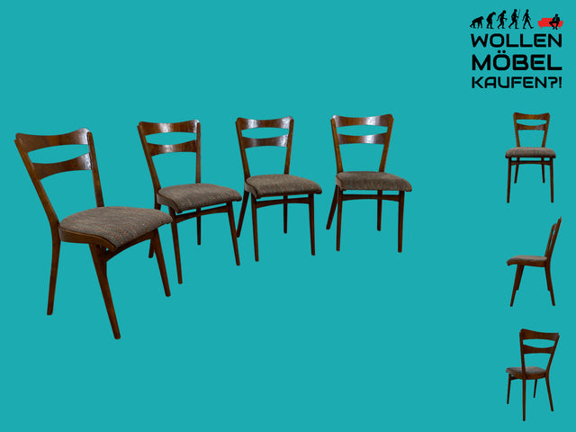 Set aus 4 formschönen und sehr gut erhaltenen 50er Jahre Stühlen mit Originalbezug I Esszimmerstühle Küchenstühle Holzstühle Dining Chairs Mid-Century Vintage 60er 4er I