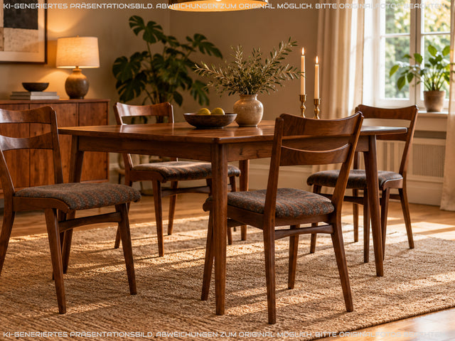 Set aus 4 formschönen und sehr gut erhaltenen 50er Jahre Stühlen mit Originalbezug I Esszimmerstühle Küchenstühle Holzstühle Dining Chairs Mid-Century Vintage 60er 4er I