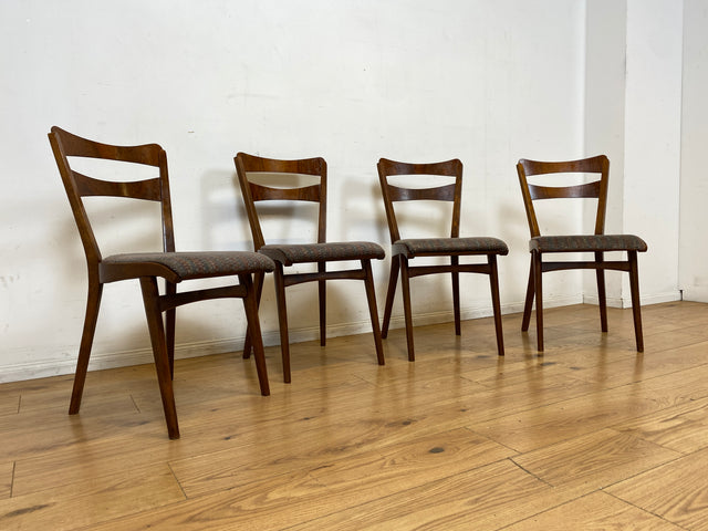 Set aus 4 formschönen und sehr gut erhaltenen 50er Jahre Stühlen mit Originalbezug I Esszimmerstühle Küchenstühle Holzstühle Dining Chairs Mid-Century Vintage 60er 4er I