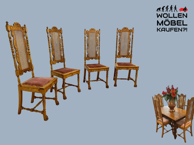 Set aus 4 grandiosen antiken Esszimmerstühlen aus handverzierter Eiche mit Wiener Geflecht I 1880-1910 I Stühle Holzstühle Dining Chairs Historismus Gründerzeit Vintage I