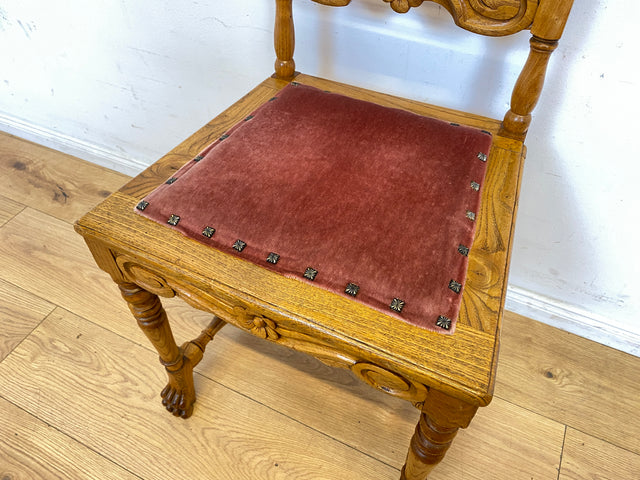 Set aus 4 grandiosen antiken Esszimmerstühlen aus handverzierter Eiche mit Wiener Geflecht I 1880-1910 I Stühle Holzstühle Dining Chairs Historismus Gründerzeit Vintage I
