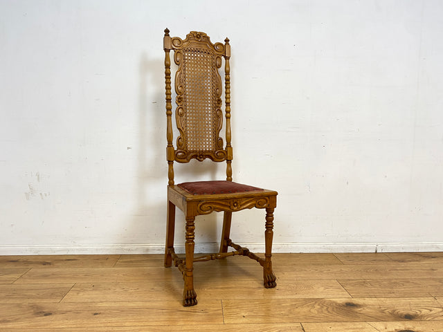 Set aus 4 grandiosen antiken Esszimmerstühlen aus handverzierter Eiche mit Wiener Geflecht I 1880-1910 I Stühle Holzstühle Dining Chairs Historismus Gründerzeit Vintage I