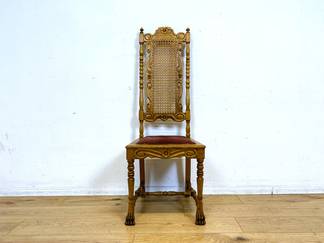 Set aus 4 grandiosen antiken Esszimmerstühlen aus handverzierter Eiche mit Wiener Geflecht I 1880-1910 I Stühle Holzstühle Dining Chairs Historismus Gründerzeit Vintage I