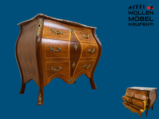 Vornehme Stilmöbel Kommode in antikem Stil mit Marmor Auflage und Messinggriffen I Bombé Marmorkommode Schubladenkommode Wäschekommode Louis XV Rokoko Barock Vintage I