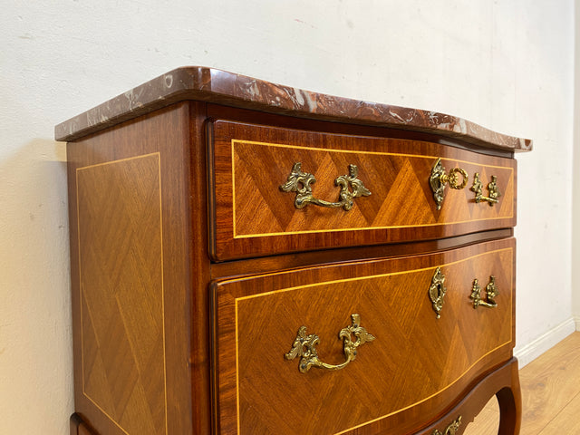 Sehr elegante kleine Vintage Kommode in antikem Stil mit Marmor Auflage, Schubladen und edlem Messingbeschlag I Schränkchen Marmorkommode Wäschekommode Stilmöbel Barock Rokoko I