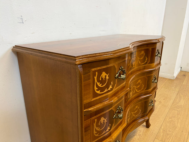 Vornehme und sehr gut erhaltene Vintage Kommode in antikem Stil mit Schubladen, Intarsien und Messinggriffen I Schubladenkommode Wäschekommode Sideboard Schrank Stilmöbel I