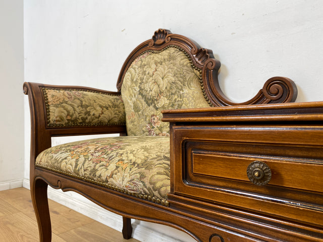 Hübsche handverzierte Vintage Telefonbank in antikem Stil mit Schublade und Originalbezug I Bank Sitzbank Holzbank Garderobe Ablage Beistelltisch Herrendiener Stilmöbel I