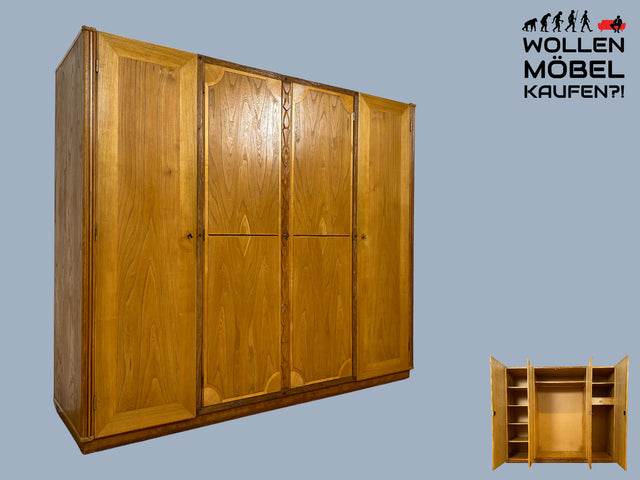 Wunderschöner handverzierter heller Mid-Century Kleiderschrank aus vollem Holz mit Intarsien und Schublade I Schrank Schlafzimmerschrank Wäscheschrank Wardrobe Alt Vintage I