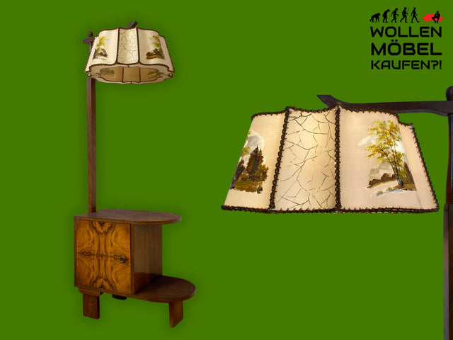 Besondere 30er Jahre Stehlampe mit Kommode & schwenkbarem handbemaltem Lampenschirm I Stehleuchte Beistelltisch Ablage Telefontisch Bar Barschrank Barkommode Vintage Antik I