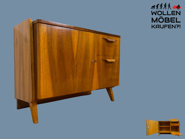 Besonders schöne 50er Jahre Kommode in edlem Walnuss mit Schubladen, Klappe & Holzgriffen I Sideboard Barkommode Barschrank TV Lowboard Schrank Mid-Century 60er Vintage I