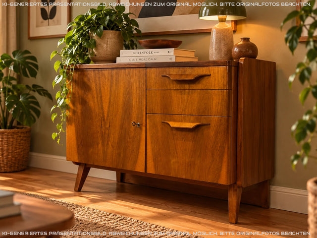 Besonders schöne 50er Jahre Kommode in edlem Walnuss mit Schubladen, Klappe & Holzgriffen I Sideboard Barkommode Barschrank TV Lowboard Schrank Mid-Century 60er Vintage I