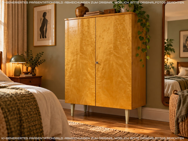 Freundlicher heller Mid-Century Schrank auf konischen Füßen I Highboard Wäscheschrank Wäschekommode Kommode Sideboard Bücherschrank Flurschrank Schuhschrank Schuhkommode I