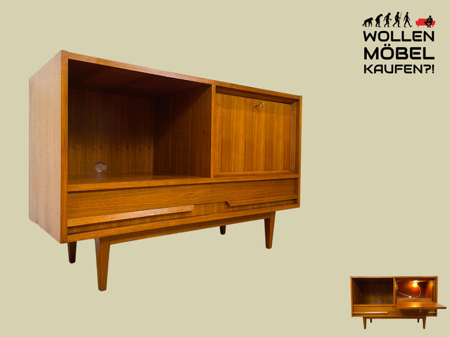 Stilvolles Mid-Century Sideboard mit beleuchtetem Bar Fach & Schubladen I Kommode TV Lowboard Fernsehkommode Phonoschrank Plattenspieler Vinyl Barkommode Barschrank Vintage I
