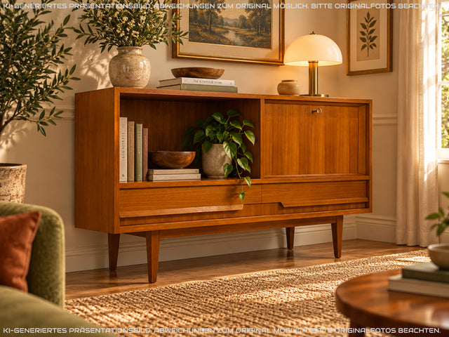 Stilvolles Mid-Century Sideboard mit beleuchtetem Bar Fach & Schubladen I Kommode TV Lowboard Fernsehkommode Phonoschrank Plattenspieler Vinyl Barkommode Barschrank Vintage I