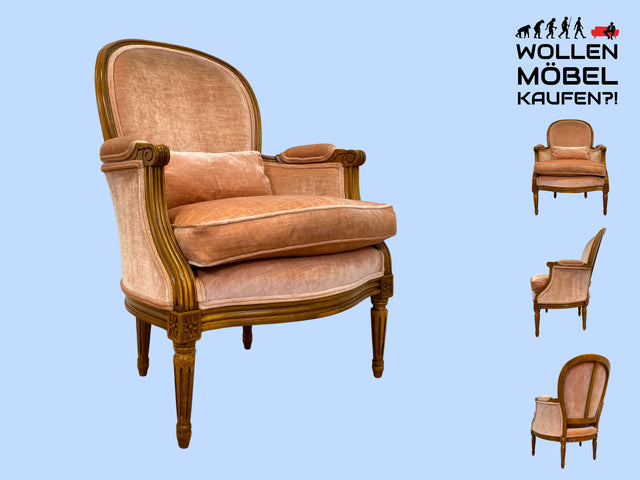 Eleganter, gemütlicher und sehr gut erhaltener Vintage Sessel in antikem Stil mit handverziertem Holzrahmen und altrosa Bezug I Lesesessel Salonsessel Stuhl Stilmöbel I