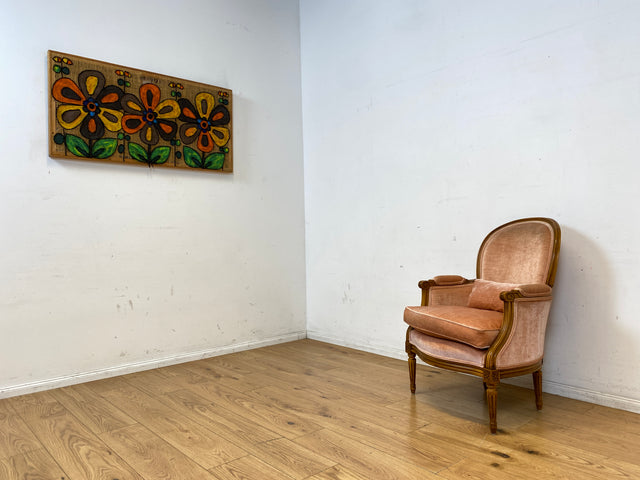 Eleganter, gemütlicher und sehr gut erhaltener Vintage Sessel in antikem Stil mit handverziertem Holzrahmen und altrosa Bezug I Lesesessel Salonsessel Stuhl Stilmöbel I